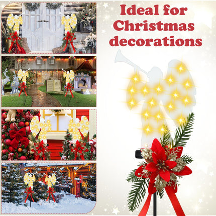 2 Pack Solar Christmas Angel Stake Lights, Solar Powered Led Xmas Angel Metal Stake Lights with Poinsettia, Outdoor Christmas Yard Pathway Lights Decorations for Garden Yard Lawn, 32 Inches