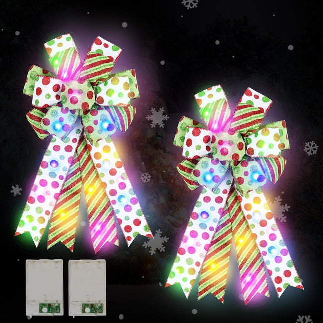 2 Pack Lighted Large Christmas Bow for Wreath Decor, Red Green Christmas Tree Topper Bows, Red Green Glitter Dot Bows for Wreath, 20x12 Inch Decorative Bows Light (Red Green Christmas)