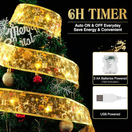 Christmas Decorations, 2.5Inch x 66Ft 200 Led Christmas Tree Ribbon Lights with 8 Lighting Modes, Battery Operated & USB Powered Fairy String Lights with Timer for Party Xmas Tree Decor