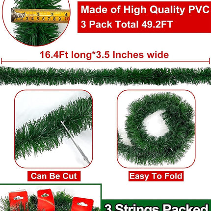 TURNMEON 3 Pack Total 49.2 Ft Christmas Greenery Garlands Decorations, Artificial Soft Green Pine Garland Holiday Xmas Decoration for Outdoor Indoor Home Stairs Banister Mantle Party (Each 16.4 Ft)