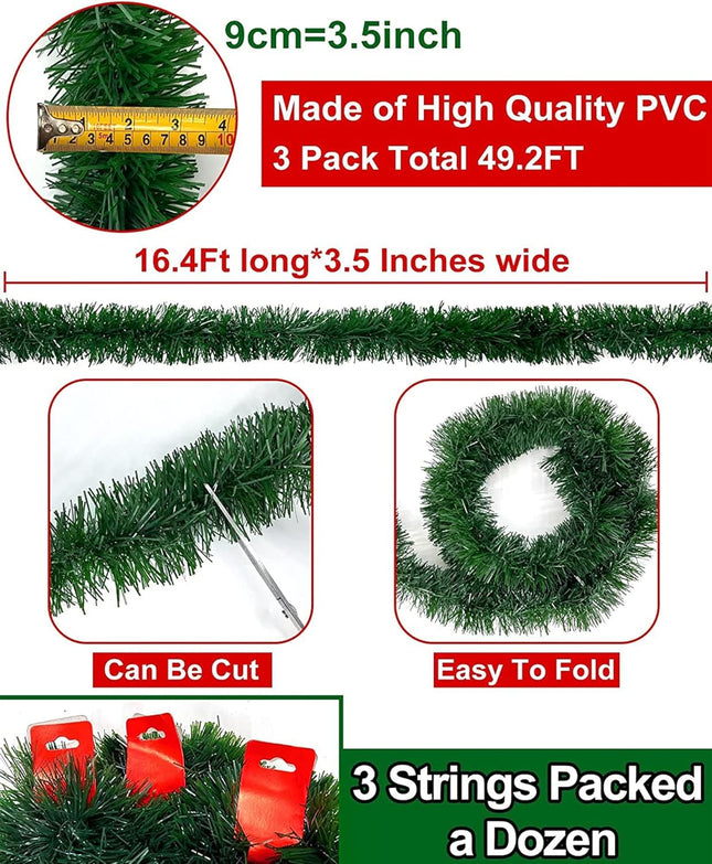 TURNMEON 3 Pack Total 49.2 Ft Christmas Greenery Garlands Decorations, Artificial Soft Green Pine Garland Holiday Xmas Decoration for Outdoor Indoor Home Stairs Banister Mantle Party (Each 16.4 Ft)