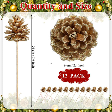 12 Pcs Christmas Pine Cones Picks Gold Glitter 2.4 x 3.15 Inches Pinecone with Wired Pick Artificial Christmas Tree Decorations Ornaments Holiday Centerpiece for Craft Garland Wreath DIY