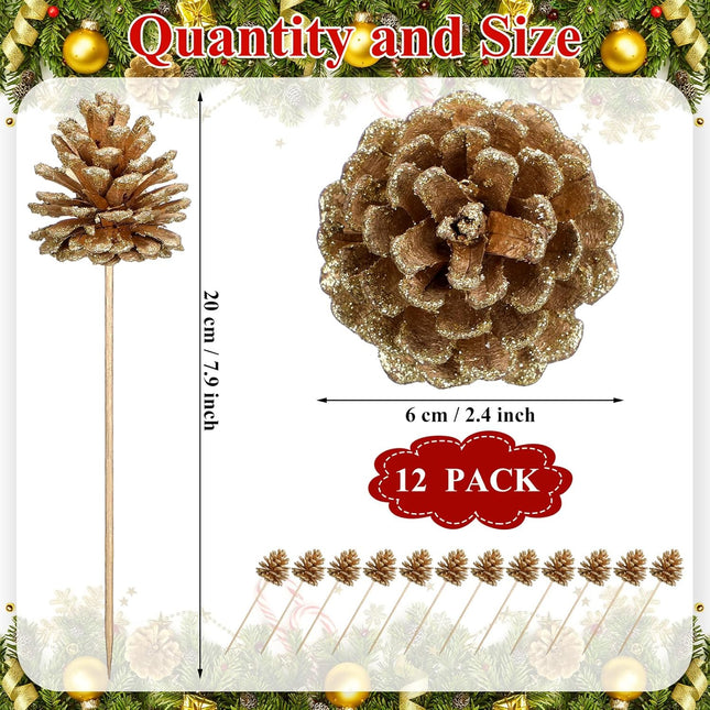 12 Pcs Christmas Pine Cones Picks Gold Glitter 2.4 x 3.15 Inches Pinecone with Wired Pick Artificial Christmas Tree Decorations Ornaments Holiday Centerpiece for Craft Garland Wreath DIY