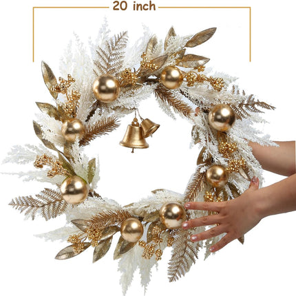 20" Gold Christmas Wreaths for Front Door, Gold Berry Leaves Bells Balls Xmas Wreath with White Fake Pampas Grass, Door Reef for Windows Fireplaces Walls, Front Porch Indoor and Outdoor