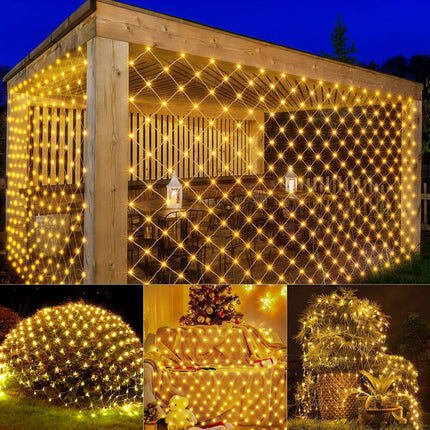 JIMACRO Solar Powered Net Lights Outdoor, 1.5 M x 1.5 M/4.9FT4.9FT 96LEDs Mesh Fairy Lights with 8 Modes, Remote Control, Waterproof Copper Wire Bush Fairy Lights for Xmas Tree Lawn Garden Décor