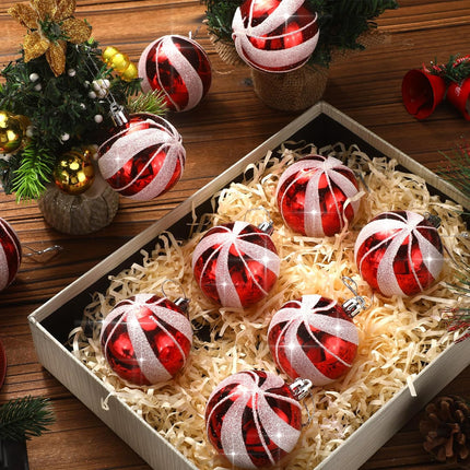 Liliful Red and White Christmas Ornaments for Tree Candy Canes Design Ball Ornaments 2.4 Inches Christmas Hanging Ball Plastic Glitter Ornament Xmas Shatterproof Decoration for Home Garden(10 Pcs)