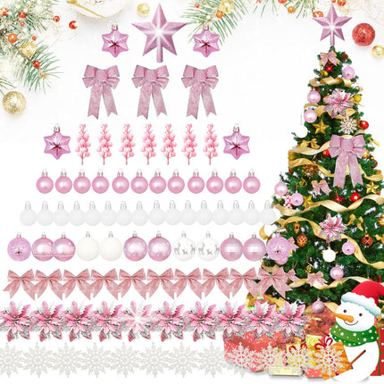Christmas Tree Decoration Set, 88 Pcs Pink Christmas Ornaments Set with Pink White Christmas Ornaments Balls,Christmas Glitter Poinsettia Flowers,Glitter Berries Stems, Snowflakes, Bow for Christmas