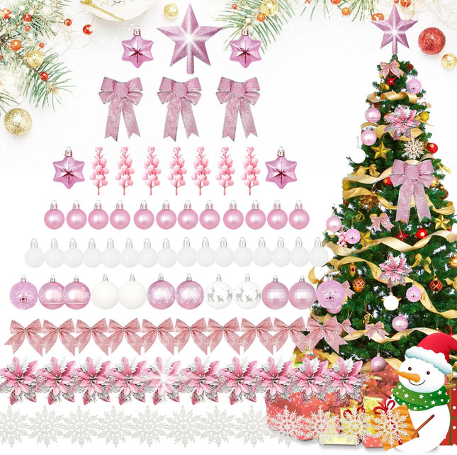 Christmas Tree Decoration Set, 88 Pcs Pink Christmas Ornaments Set with Pink White Christmas Ornaments Balls,Christmas Glitter Poinsettia Flowers,Glitter Berries Stems, Snowflakes, Bow for Christmas