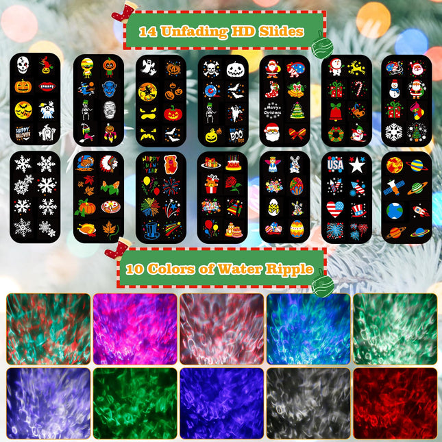 Halloween Christmas Projector Lights Outdoor, 14 HD Slides (3D Ocean Wave +Patterns) Landscape Lights Waterproof Outdoor Indoor Holiday Projector Lights for Home Yard Garden Xmas Halloween Decorations