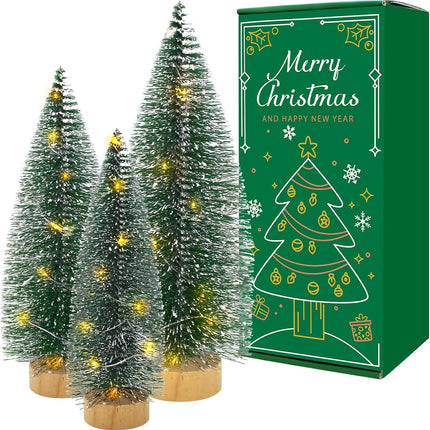 3 PCS Bottle Brush Christmas Trees with Lights, Mini Tabletop Christmas Tree for Christmas Decorations Indoor, Desktop Miniature Pine Tree Xmas Holiday Decor