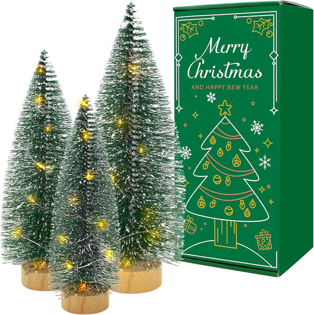 3 PCS Bottle Brush Christmas Trees with Lights, Mini Tabletop Christmas Tree for Christmas Decorations Indoor, Desktop Miniature Pine Tree Xmas Holiday Decor