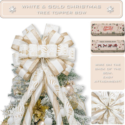 Christmas Tree Topper Bow，53x15 Inches Large Christmas Bow with Glitter Streamer and Patterned Ribbon，Decorative Bows for Xmas Tree Wreath Door Festival Home Decor(White Gold)