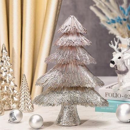 Tabletop Christmas Tree Decoration 15 in Glitter Champagne Gold Artificial Foil Tubes Xmas Tree Artificial Holiday Table Centerpiece Champagne Tabletop Small Xmas Tree for Home Party Craft