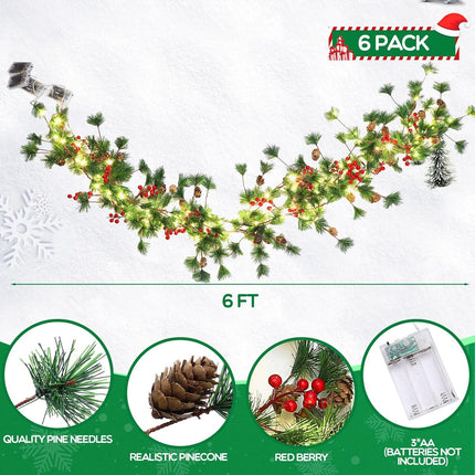 Ceenna 6 Pcs Christmas Garland with Lights, Pre Lit 6 ft Cones Berry Battery Operated Pine Garland, 25 LED Lights Christmas Decorations for Outdoor Fireplace Mantel Home Rooms (Red Berry)