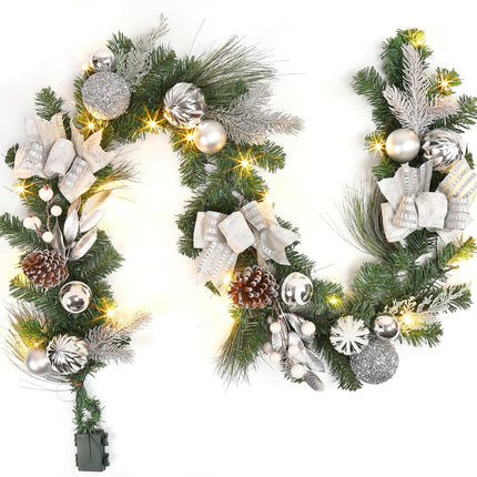 Adeeing 6FT Christmas Garland with Lights, Xmas Battery Operated Artificial Rattan with Classic Silver Decorations, Xmas Garland for Home Indoor Fireplace Mantle Outdoor Decor, Silver