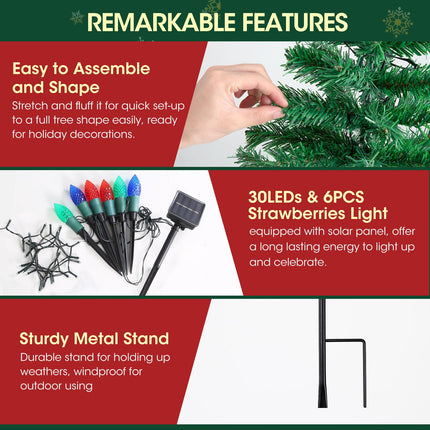 Solar Christmas Tree for Outdoor Decorations 2 Pack, 33 Inch Prelit Christmas Tree Yard Stake Lights with 12pcs Strawberry Lights, 60 LED 8 Modes for Pathway Yard Cemetery Decor