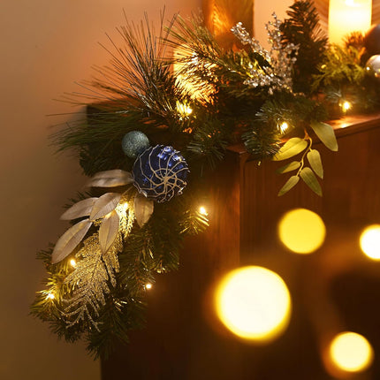 Valery Madelyn 9 feet Pre-Lit Christmas Garland with Light for Mantle, Lighted Battery Operated Xmas Garland with Silver Blue Balls for Front Door Fireplace Table Centerpiece Outdoor Window Home Decor