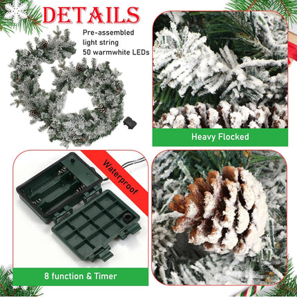 2 Pcs 6ft Frosted Christmas Garland Cedar Garland with 50 Warm White LED Lights Battery Operated with Timer and 8 Functions Pre Lit Artificial Christmas Garland 170 Branches Indoor Outdoor