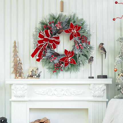 Christmas Wreath for Front Door, Large Winter Wreaths with Lights, Berries, Christmas Poinsettia and Velvet Bow, for Wall Windows Mantle Outdoor Christmas Decoration