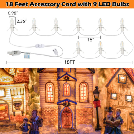 Meonum Accessory Cord with 9 LED Light Bulb, 18ft Christmas Village Lights Cord with Dimmer Switch, C7 Blow Mold Lights for Christmas Village Houses, Halloween Pumpkin Holiday Crafts Decoration, White