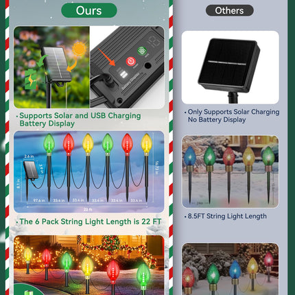 12 Pack Jumbo C9 Christmas Lights Outdoor, 44 Ft Extra Long String Lights Christmas Decorations Outdoor, 60 LED Solar Christmas Lights 2 Charging Ways Waterproof Outdoor Decoration for Pathway Yard