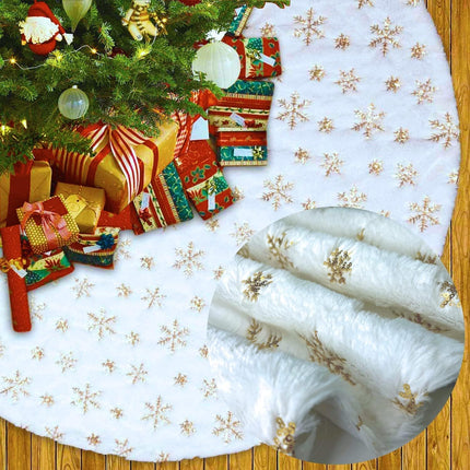 Christmas Tree Skirt 60 Inch, Gold Snowflake White Christmas Tree Decorations Indoor Sequin Tree Collar Faux Fur Plush Rug Xmas Large Mat Decor Ornaments for 4ft-9ft Tree