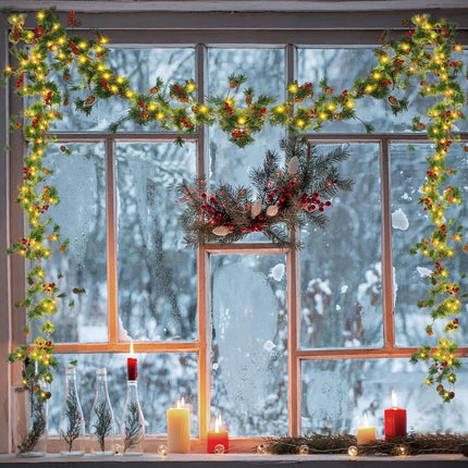 Ceenna 6 Pcs Christmas Garland with Lights, Pre Lit 6 ft Cones Berry Battery Operated Pine Garland, 25 LED Lights Christmas Decorations for Outdoor Fireplace Mantel Home Rooms (Red Berry)