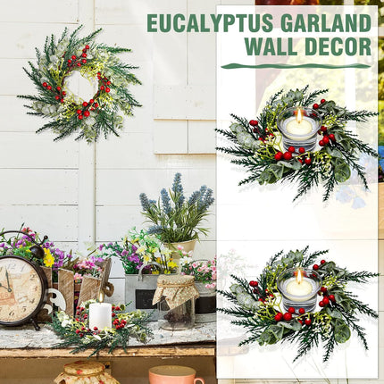 Christmas Candle Rings Artificial Red Berries Snowy Pine Needles Garland Candle Rings Wreaths Candle Rings for Pillars Rustic Wedding Centerpiece Christmas Table Decoration for Front Door (12 Pcs)