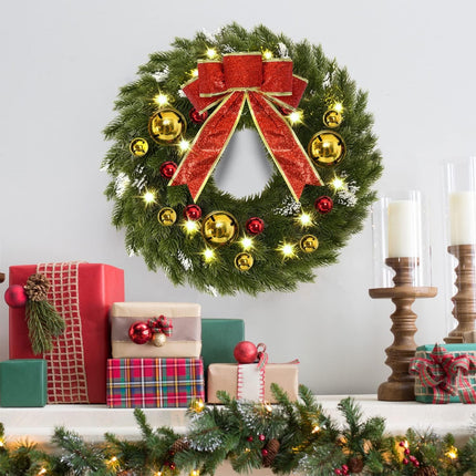 YoleShy 17 Inch Pre-lit Christmas Wreath with Hanger & Bow & Bells Battery Operated Christmas Wreath Christmas Decorations for Window, Front Door, Wall Decor, Fireplace