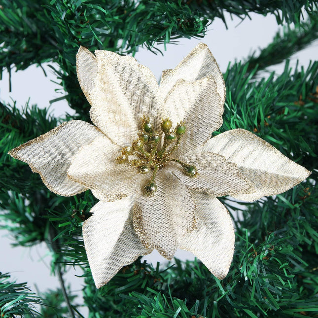 Poinsettia Christmas Decorations Glitter Artificial Poinsettia Flowers for Christmas Tree Decorations(12Pack)(Silvery)