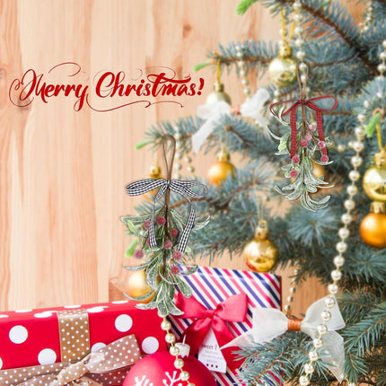 2 Pcs Christmas Mistletoe Decor, Xmas Mistletoe Hanging Ornament with Plaid Bow, Artificial Red Berry Mistletoe Decorations Glitter Christmas Tree Accessories Mistletoe Kissing Ball(Red+White)