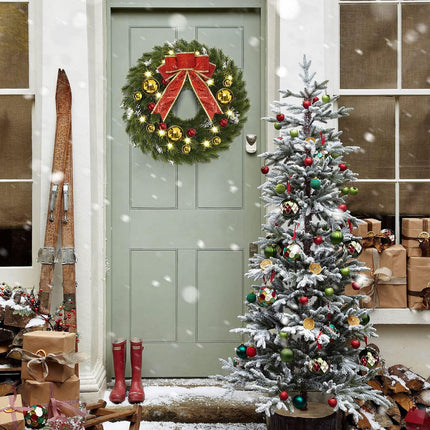 YoleShy 17 Inch Pre-lit Christmas Wreath with Hanger & Bow & Bells Battery Operated Christmas Wreath Christmas Decorations for Window, Front Door, Wall Decor, Fireplace