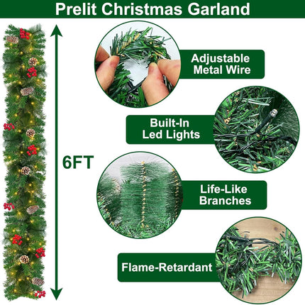TURNMEON 6 Ft 30 LED Prelit Christmas Garland with Lights Timer 8 Modes 170 Branch Snowy Bristle 8 Pinecones 88 Red Berries Battery Operated Cedar Garland Christmas Decorations Home Indoor Mantle