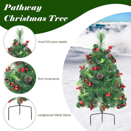 24 Inch Pathway Christmas Tree Set of 2, Battery-Powered Mini Christmas Tree w/ 30 LED Lights, 8 Flashing Modes, Berries, Pine Cones & Ornaments, Pre-lit Xmas Tree for Lawn, Yard