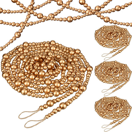 4 Pcs 72 ft Christmas Tree Wood Bead Garland Christmas Wooden Beads Garland Hanging Boho Xmas Decor Rustic Farmhouse Home Decor for Table Wall Holiday Mantel Ornaments (Gold)