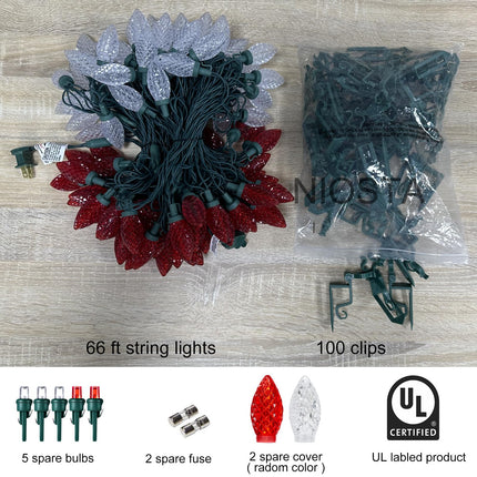 NIOSTA 66Ft LED Christmas roofline String Lights, C9 Outdoor roof String Lights with Quick Shingle & Gutter Clips,Plug in & connectable,red and White