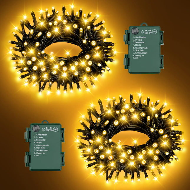 8 Modes Christmas String Lights Battery Operated Christmas Lights with Timer 16.4Ft2 Total 100LED 33Ft Waterproof Fairy Lights Outdoor Indoor for Christmas Decor, Warm White, 2-Pack