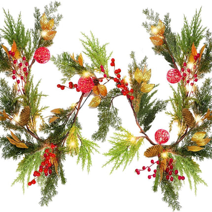 6FT Christmas Lighted Garland, Battery Operated Christmas Garland with Lights, Pre Lit Garland with Red Balls for Indoor Home Fireplace Winter Christmas Holiday Year Decoration