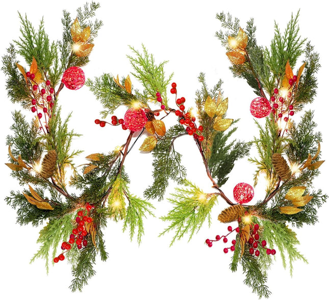 6FT Christmas Lighted Garland, Battery Operated Christmas Garland with Lights, Pre Lit Garland with Red Balls for Indoor Home Fireplace Winter Christmas Holiday Year Decoration
