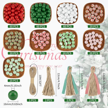 300 Pcs Christmas Wooden Beads Xmas DIY Craft Wood Beads Candy Cane Swirl Beads Red Green White 16mm Round Beads for Christmas Garland Jewelry Making Party Home Tree Decoration with Rope and Tassels