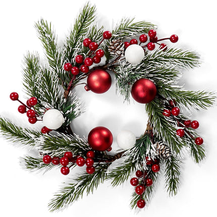 14" Artificial Christmas Mini Wreath Mixed Frosted White Pine Red Berry Xmas Balls Pinecones Accent Candle Rings Wreaths for Winter Fireplace Mantels Home Holiday Centerpiece Table Decorations (Ball)