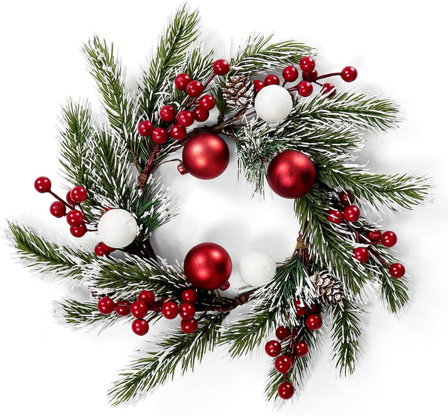 14" Artificial Christmas Mini Wreath Mixed Frosted White Pine Red Berry Xmas Balls Pinecones Accent Candle Rings Wreaths for Winter Fireplace Mantels Home Holiday Centerpiece Table Decorations (Ball)