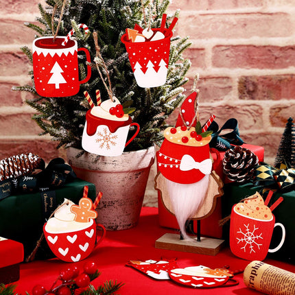 24 Pcs Christmas Hanging Hot Cocoa Ornaments 3.5 Inches Wooden Xmas Hot Cocoa Snowflake Wood Hot Cocoa for Christmas Tree Hanging Christmas Party Decorations Indoor Holiday Xmas, 6 Styles (Hot Cocoa)