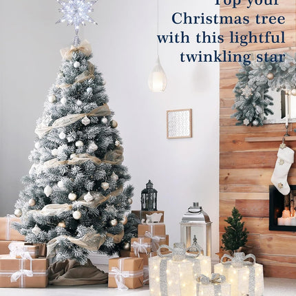 Luxspire Christmas Tree Topper, Double-Layer Glitter Metal 3D Lighted Tree Topper with USB Plug in & Remote Control, 10.6" Christmas Decorations Lights for Home Party, Silver