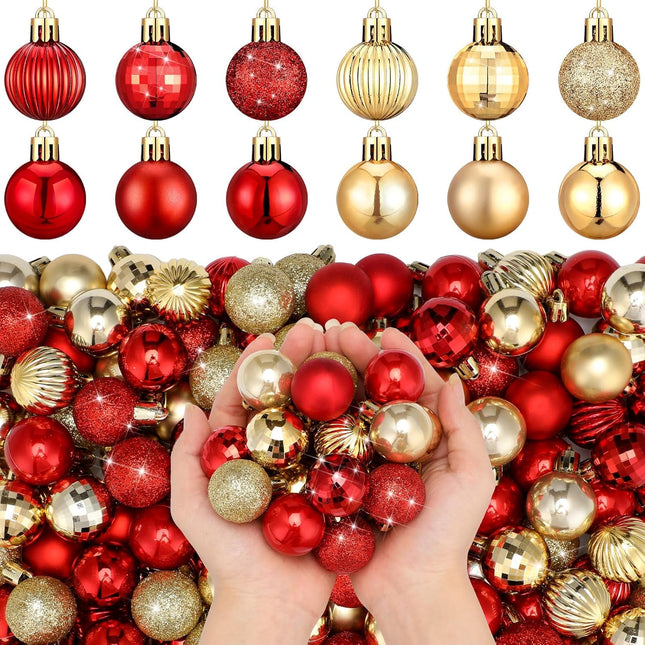 Shappy 216 Pcs Mini Christmas Ball Ornament 1.18" Christmas Tree Decorations 6 Styles Small Christmas Shatterproof Ball with Hanging Loop for Holiday Party Wreath Xmas Tree Decor (Red,Gold)