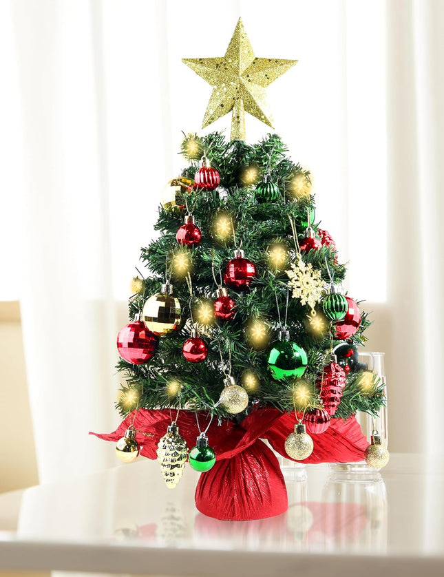 Small Tabletop Christmas Tree 24 Inch /2FT Mini Xmas Christmas Tree with Warm-White Lights,Mini Table Top Christmas Tree with Hanging Ornaments and Star Treetop, Boxes for DIY Christmas Decoration
