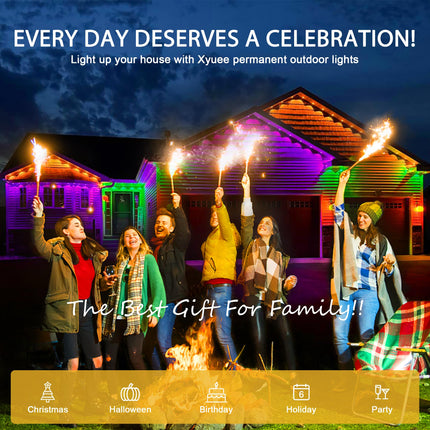 Permanent Outdoor Lights Christmas Halloween 40ft Smart RGB IC Outdoor Eaves Lights IP65 Waterproof Rainbow House Forever Light with DIY Scene Mode Music Sync for Year, Party, Holiday