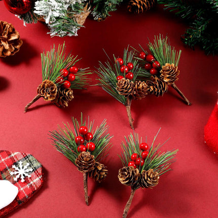 24 Pieces Artificial Pine Picks Christmas Red Berry Picks Pine Needles Branches with Red Berry Pinecones Berry Branches Fake Berries for Flower Arrangements Wreaths Holiday Xmas Tree Decoration
