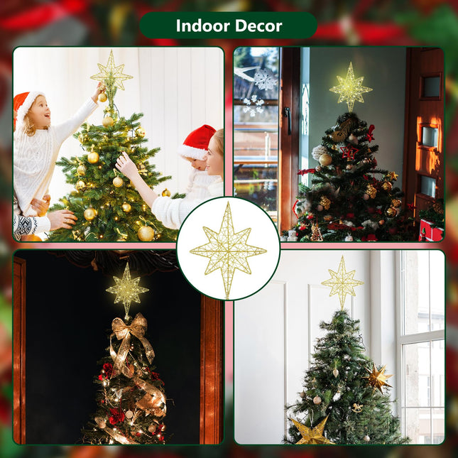 Christmas Star Tree Topper, Lighted Bethlehem Star Tree Topper 40 LED Lighted with Remote Control 8 Mode Lighting for Indoor Home Decor, Gold