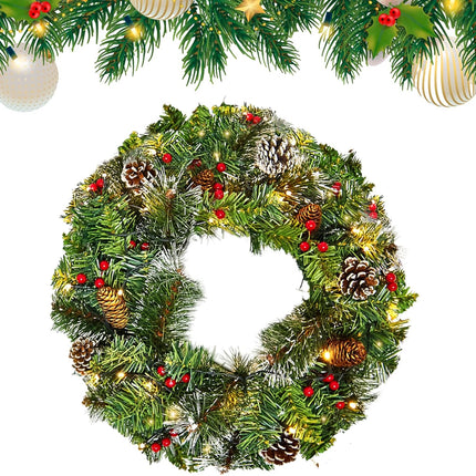 18Inch Christmas Wreath, Artificial Prelit Christmas Wreath with Lights for Door, Battery Operated Lighted Indoor Christmas Wreath